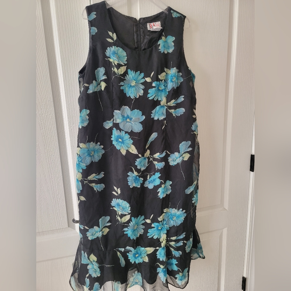 R&K Black Midi Dress with Blue Floral Design
